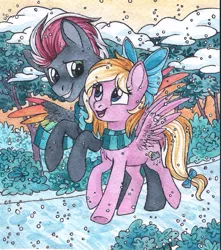 Size: 733x829 | Tagged: safe, artist:red-watercolor, derpibooru import, oc, oc:bay breeze, oc:max, unofficial characters only, pegasus, pony, bahx, clothes, couple, female, male, scarf, shipping, snow, straight, traditional art, watercolor painting