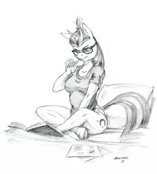 Size: 1200x1332 | Tagged: suggestive, artist:baron engel, derpibooru import, moondancer, anthro, unguligrade anthro, unicorn, book, breasts, clothes, crossed legs, female, glasses, grayscale, mare, monochrome, panties, pencil drawing, pillow, shirt, simple background, sitting, sketch, solo, solo female, t-shirt, thinking, traditional art, underwear, white background