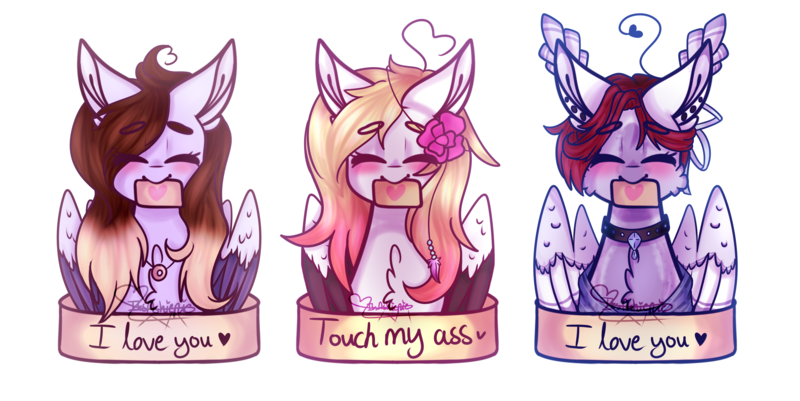 Size: 3224x1618 | Tagged: suggestive, artist:honeybbear, derpibooru import, oc, oc:claire, oc:ember, oc:maskie, unofficial characters only, pegasus, pony, collar, eyes closed, female, flower, flower in hair, heart, letter, mare, mouth hold, one of these things is not like the others, simple background, transparent background, vulgar