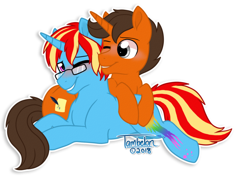 Size: 1273x939 | Tagged: safe, artist:tambelon, derpibooru import, oc, oc:azu, oc:scroll scribe, unofficial characters only, pony, unicorn, blushing, commission, cuddling, cute, gay, glasses, lying on top of someone, male, oc x oc, one eye closed, ponysona, shipping, simple background, stallion, transparent background