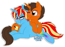Size: 1273x939 | Tagged: safe, artist:tambelon, derpibooru import, oc, oc:azu, oc:scroll scribe, unofficial characters only, pony, unicorn, blushing, commission, cuddling, cute, gay, glasses, lying on top of someone, male, oc x oc, one eye closed, ponysona, shipping, simple background, stallion, transparent background