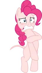 Size: 2052x3573 | Tagged: safe, alternate version, artist:porygon2z, derpibooru import, edit, editor:slayerbvc, vector edit, pinkie pie, earth pony, pony, make new friends but keep discord, bald, bipedal, blushing, covering, covering crotch, embarrassed, female, furless, furless edit, mare, naked pie, naked rarity, nude edit, nudity, shaved, shaved tail, simple background, solo, transparent background, vector