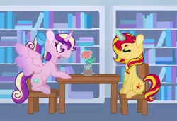 Size: 1280x873 | Tagged: safe, artist:bubaiuv, deleted from derpibooru, derpibooru import, princess cadance, sunset shimmer, alicorn, unicorn, fanfic, fanfic:looking glass, series:who we become, book, bookshelf, chair, commission, fanfic art, female, flower, friendshipping, library, rose, sitting, starry eyes, table, teenager, wingding eyes, younger