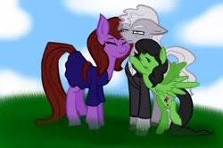 Size: 1218x810 | Tagged: safe, artist:chelseawest, derpibooru import, oc, oc:painted petal, ponified, earth pony, pegasus, pony, clara, clothes, dress, female, hug, male, mare, stallion, the doctor, twelfth doctor