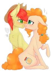 Size: 1652x2294 | Tagged: safe, artist:ohhoneybee, derpibooru import, bright mac, pear butter, pony, brightbutter, chest fluff, female, male, nuzzling, shipping, simple background, sitting, straight, transparent background