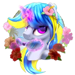 Size: 1000x1000 | Tagged: safe, alternate version, artist:rayhiros, derpibooru import, oc, oc:wave shine, pony, unicorn, beach, blue, bust, female, flower, flower in hair, glowing horn, hibiscus, magenta, magic, mare, mouth hold, portrait, simple background, solo, sunglasses, transparent background, yellow