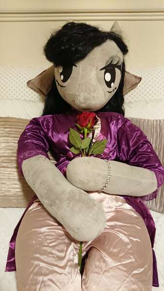 Size: 3096x5504 | Tagged: safe, artist:bigsexyplush, artist:somethingaboutoctavia, derpibooru import, octavia melody, anthro, absurd resolution, anthro plushie, bedroom eyes, bracelet, close-up, clothes, cute, doll, dress, flower, gown, hearts and hooves day, holiday, hooves, irl, jewelry, love, pajamas, photo, plushie, present, rose, solo, toy, valentine, valentine's day, waifu