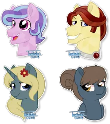 Size: 1093x1239 | Tagged: safe, artist:tambelon, derpibooru import, oc, oc:aegis, oc:carnelian clout, oc:low key, oc:succulent scent, unofficial characters only, crystal pony, pegasus, pony, unicorn, amulet, female, flower, flower in hair, male, mare, rule 63, simple background, smiling, stallion, transparent background