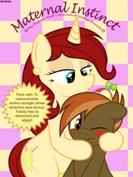 Size: 2700x3600 | Tagged: artist:an-tonio, art pack, art pack cover, art pack:maternal instinct, bedroom eyes, blushing, button mash, colt, cover, derpibooru import, explicit source, female, implied foalcon, kissing, kiss mark, kiss on the cheek, lipstick, male, messy mane, milf, mother, oc, oc:golden brooch, straight, straight shota, suggestive