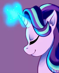 Size: 600x746 | Tagged: safe, artist:emberfan11, derpibooru import, starlight glimmer, unicorn, eyes closed, glowing horn, horn, magic, simple background, smiling, solo