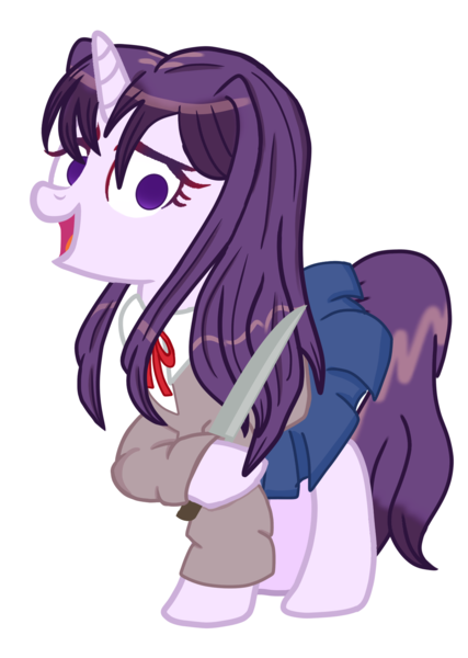 Size: 1278x1797 | Tagged: safe, alternate version, artist:ponytaku, derpibooru import, ponified, pony, unicorn, spoiler:doki doki literature club, clothes, doki doki literature club, empty eyes, female, hoof hold, knife, looking at you, mare, no pupils, raised hoof, school uniform, simple background, skirt, solo, spoilers for another series, this will end in death, transparent background, yandere, yuri (ddlc)