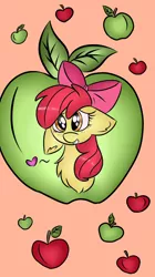 Size: 800x1425 | Tagged: apple, apple bloom, artist:d-airinn, bust, cute, derpibooru import, ear fluff, floppy ears, food, heart, looking at you, safe, smiling, solo