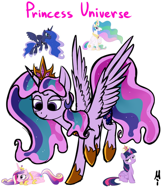 Size: 969x1123 | Tagged: alicorn, alicorn tetrarchy, artist:fusionsofponies, artist:milchik, big crown thingy, derpibooru import, ethereal mane, fusion, jewelry, princess cadance, princess celestia, princess luna, regalia, safe, twilight sparkle, twilight sparkle (alicorn)