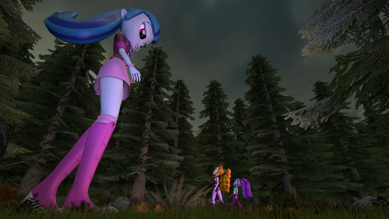 Size: 2000x1125 | Tagged: safe, artist:jeroen01, derpibooru import, adagio dazzle, aria blaze, sonata dusk, equestria girls, 3d, boots, boyshorts, clearing, clothes, forest, giantess, legs, lidded eyes, macro, panties, pigtails, ponytail, purple underwear, request, skirt, source filmmaker, the dazzlings, twintails, underwear, upskirt