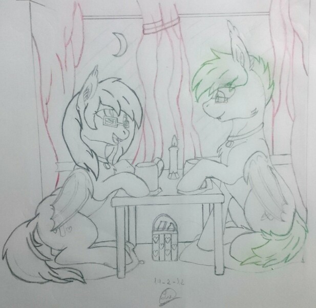 Size: 2221x2160 | Tagged: safe, artist:skipper arias, derpibooru import, oc, oc:skipper arias, bat pony, bat pony oc, love, restaurant, sketch, traditional art, white