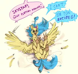 Size: 2796x2636 | Tagged: artist:alumx, classical hippogriff, cute, derpibooru import, dialogue, excited, feather, flapping, hippogriff, horsebirb, implied queen novo, my little pony: the movie, offscreen character, on back, open mouth, princess skystar, safe, simple background, skyabetes, smiling, solo, speech bubble, spread wings, tail wag, trembling, underhoof, unshorn fetlocks, wat, white background, wings