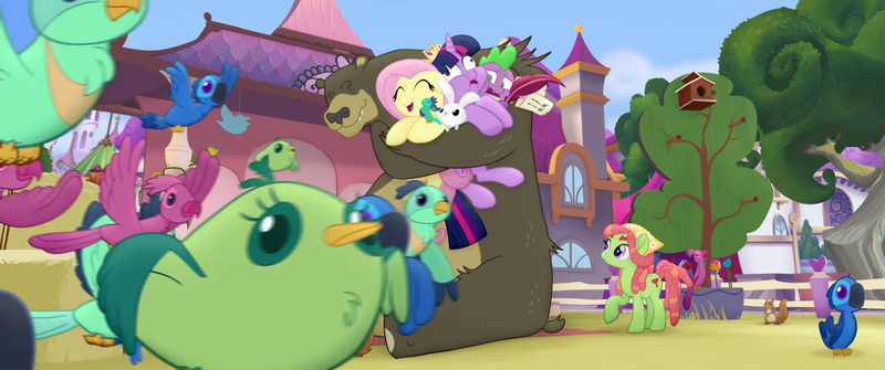 Size: 1920x804 | Tagged: safe, derpibooru import, screencap, angel bunny, fluttershy, harry, spike, tree hugger, twilight sparkle, twilight sparkle (alicorn), alicorn, bear, bird, dragon, earth pony, parrot, pegasus, pony, rabbit, squirrel, my little pony: the movie, :p, angry, bear hug, bird house, eyes closed, faic, hape, happy, hay, hug, quill, songbird, surprised, tongue out, varying degrees of want, we got this together