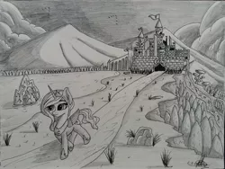 Size: 4128x3096 | Tagged: safe, artist:ironbeastz, derpibooru import, princess luna, alicorn, pony, castle, female, filly, grayscale, high res, mare, monochrome, pencil drawing, solo, traditional art, woona, younger