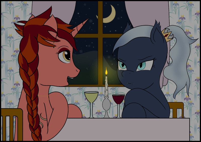 Size: 1754x1240 | Tagged: safe, artist:fimbulvinter, derpibooru import, oc, oc:first drop, oc:ruby quartz, unofficial characters only, bat pony, alcohol, armlet, braid, candle, crescent moon, ear piercing, earring, holiday, jewelry, moon, necklace, night, piercing, valentine's day, wine