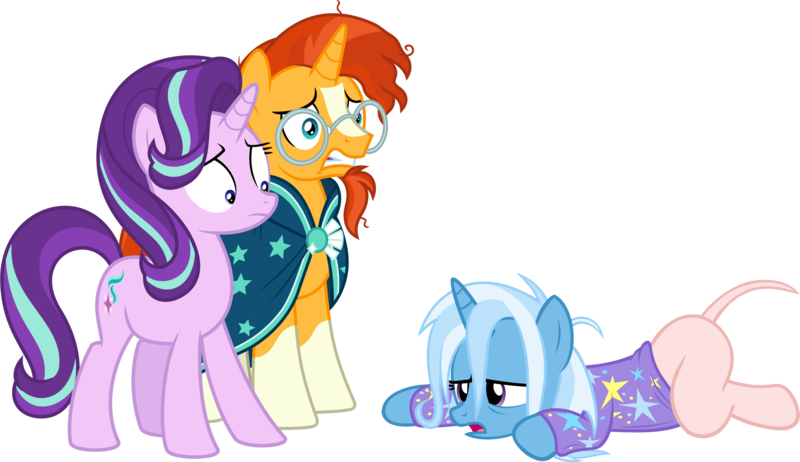 Size: 4023x2323 | Tagged: safe, artist:chrzanek97, artist:parclytaxel, artist:zacatron94, derpibooru import, edit, editor:slayerbvc, vector edit, starlight glimmer, sunburst, trixie, unicorn, bed mane, bottomless, clothes, dock, female, furless edit, hangover, male, mare, morning ponies, pajamas, partial nudity, partial nudity edit, shaved, shaved tail, simple background, stallion, sunburst's robe, transparent background, vector