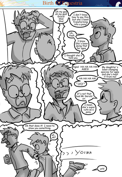 Size: 1280x1853 | Tagged: artist:shieltar, clothes, comic, comic:birth of equestria, derp, derpibooru import, dialogue, facial hair, flashback, glasses, human, male, monochrome, moustache, oc, oc:big mark, oc:professor harmony, safe, simple background, unofficial characters only, white background