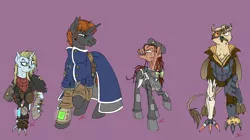 Size: 3562x2000 | Tagged: safe, artist:sourcherry, derpibooru import, peachy sweet, oc, oc:anklebiter, oc:majorgearclaw, oc:twistedsteel, cyborg, earth pony, ghoul, gryphon, pony, unicorn, fallout equestria, apple family member, clothes, female, male, mare, ncr, pipbuck, raider, smoking, stallion, weapon