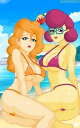 Size: 1448x2304 | Tagged: suggestive, artist:aboimages03, deleted from derpibooru, derpibooru import, pear butter, posey shy, equestria girls, absolute cleavage, apple, ass, beach, big breasts, bikini, boobs and butt pose, breasts, busty pear butter, cleavage, clothes, duo, duo female, equestria girls-ified, escher girls triple crown, female, food, glasses, milf, open mouth, swimsuit, water