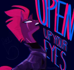 Size: 550x520 | Tagged: safe, artist:creeate97, derpibooru import, tempest shadow, pony, unicorn, my little pony: the movie, black background, broken horn, chromatic aberration, dialogue, eye scar, female, mare, open up your eyes, scar, signature, simple background, singing, solo, song, song reference