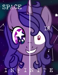 Size: 795x1024 | Tagged: semi-grimdark, artist:the-75th-hunger-game, derpibooru import, oc, oc:space race, unofficial characters only, unicorn, constellation, female, galaxy, red eyes take warning, shrunken pupils, solo, split screen, starry eyes, stars, two sided posters, two sides, wingding eyes