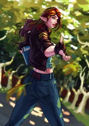 Size: 1024x1448 | Tagged: artist:sunset tide, ass, book, braid, clothes, dead source, derpibooru import, elf ears, fingerless gloves, gloves, human, humanized, jacket, jeans, looking back, pants, reaching out, safe, solo, sunset shimmer, unicorns as elves