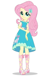 Size: 1030x1546 | Tagged: safe, artist:ftvs-cm45, derpibooru import, official, fluttershy, equestria girls, equestria girls series, clothes, cute, dress, eyeshadow, feet, female, geode of fauna, hand on arm, image, looking at you, makeup, png, sandals, shadow, shyabetes, simple background, smiling, smiling at you, solo, transparent background, vector