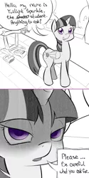 Size: 1000x2004 | Tagged: safe, artist:graphic-lee, derpibooru import, twilight sparkle, twilight sparkle (alicorn), alicorn, pony, askninjatwilight, book, close-up, monochrome, neo noir, partial color, solo