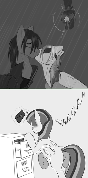 Size: 1000x2004 | Tagged: safe, artist:graphic-lee, derpibooru import, rainbow dash, twilight sparkle, twilight sparkle (alicorn), oc, oc:joen klausen, alicorn, pony, askninjatwilight, kissing, monochrome, photo, pirate dash, rain