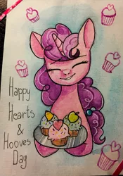 Size: 894x1280 | Tagged: artist:theorderofalisikus, cupcake, derpibooru import, eyes closed, food, hearts and hooves day, postcard, safe, smiling, solo, sugar belle, traditional art