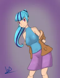 Size: 1935x2501 | Tagged: arm behind back, artist:wolfy-pony, bare shoulders, breasts, clothes, colored pupils, cute, derpibooru import, female, gradient background, human, humanized, looking at you, ponytail, safe, skirt, smiling, solo, sonata dusk