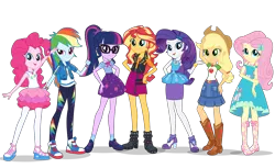 Size: 1888x1152 | Tagged: safe, derpibooru import, edit, official, applejack, fluttershy, pinkie pie, rainbow dash, rarity, sci-twi, sunset shimmer, twilight sparkle, equestria girls, equestria girls series, applejack's hat, boots, bracelet, clothes, converse, cowboy hat, denim skirt, dress, feet, female, glasses, hat, high heel boots, high heels, humane five, humane seven, humane six, jewelry, looking at you, mane six, official art, pantyhose, pencil skirt, photo, ponytail, sandals, shoes, simple background, skirt, smiling, sneakers, socks, stetson, transparent background