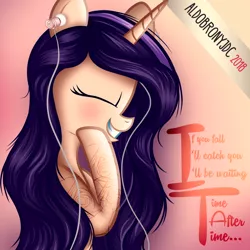 Size: 3000x3000 | Tagged: safe, artist:aldobronyjdc, derpibooru import, oc, oc:melody verve, unofficial characters only, unicorn, blushing, cyndi lauper, earbuds, lyrics, solo, song reference, text, time after time