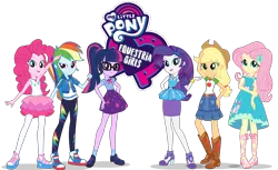 Size: 1888x1152 | Tagged: safe, derpibooru import, edit, applejack, fluttershy, pinkie pie, rainbow dash, rarity, sci-twi, twilight sparkle, equestria girls, equestria girls series, boots, clothes, converse, cowboy hat, denim skirt, dress, equestria girls logo, feet, female, geode of fauna, geode of shielding, geode of sugar bombs, geode of super speed, geode of super strength, geode of telekinesis, glasses, hat, high heel boots, high heels, humane five, humane six, logo, logo edit, magical geodes, mane six, my little pony logo, official art, pantyhose, ponytail, sandals, shoes, simple background, skirt, sneakers, socks, stetson, transparent background, vector