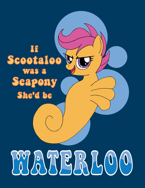 Size: 1498x1950 | Tagged: abstract background, artist:supra80, derpibooru import, female, pun, safe, scootaloo, seahorse, seaponified, sea pony, seapony scootaloo, solo, species swap, text, waterloo