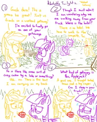 Size: 4779x6013 | Tagged: safe, artist:adorkabletwilightandfriends, derpibooru import, applejack, twilight sparkle, twilight sparkle (alicorn), alicorn, pony, comic:adorkable twilight and friends, absurd resolution, adorkable twilight, camping, car, comic, evergreen tree, forest, hat, hiking, lineart, nature, pine tree, plot, sleeping bag, suv, sweat, this will end in explosions, this will end in farts, this will end in fire, trail, tree, trip, vacation, walking