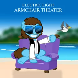 Size: 1200x1200 | Tagged: safe, artist:grapefruitface1, derpibooru import, oc, ponified, ponified:jeff lynne, bird, pony, album cover, armchair, base used, beach, clothes, couch, jeff lynne, parody, ponified album cover, solo