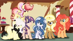 Size: 2689x1497 | Tagged: safe, artist:xxmelody-scribblexx, derpibooru import, oc, oc:grey paws, oc:lightning star, oc:lucky clover, oc:magical apple, oc:vanilla chip, unofficial characters only, earth pony, hybrid, pegasus, pony, unicorn, female, interspecies offspring, magical lesbian spawn, mare, offspring, parent:applejack, parent:cheese sandwich, parent:discord, parent:fancypants, parent:flash magnus, parent:fluttershy, parent:pinkie pie, parent:rainbow dash, parent:rarity, parent:trenderhoof, parent:twilight sparkle, parents:cheesepie, parents:dashmagnus, parents:discoshy, parents:raripants, parents:trenderjack, parents:twijack