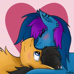 Size: 1500x1500 | Tagged: safe, artist:r0xyr0x, derpibooru import, oc, oc:graffie, oc:thorn, unofficial characters only, pegasus, pony, beard, blushing, couple, cuddling, cute, eyes closed, facial hair, forehead kiss, heart, kissing, piercing