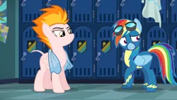 Size: 1280x720 | Tagged: safe, artist:outlaw4rc, derpibooru import, edit, edited screencap, editor:slayerbvc, screencap, vector edit, rainbow dash, spitfire, pegasus, pony, newbie dash, bald, casual nudity, clothed female nude female, clothes, female, furless, furless edit, goggles, lip bite, locker room, mare, nervous, nude edit, nudity, plucked, shaved, shaved tail, spitfire is not amused, towel, unamused, uncomfortable, uniform, vector, wonderbolts uniform