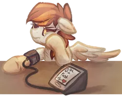 Size: 900x715 | Tagged: safe, artist:amura-of-jupiter, derpibooru import, oc, oc:amura, unofficial characters only, pegasus, pony, angry, blood pressure monitor, bored, cheek squish, cuff, eyeroll, heart, heart rate monitor, medical, medical condition, medical tools, pouting, real life dilemma, red hair, sick, simple background, solo, sphygmomanometer, spread wings, squishy cheeks, transparent background, waiting