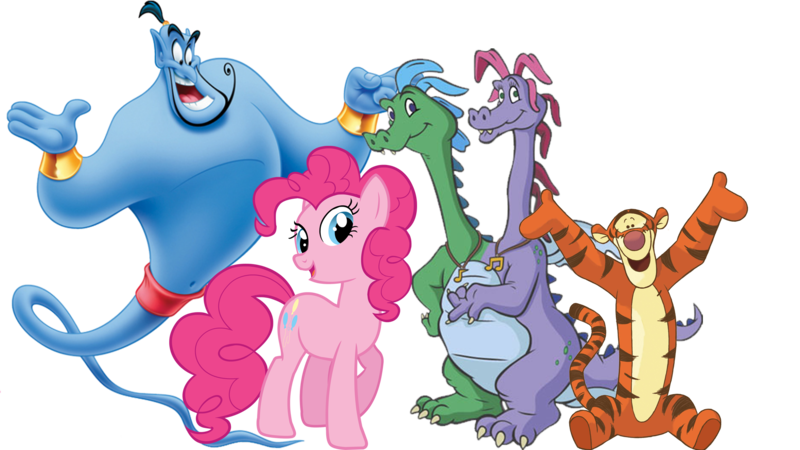 Size: 1920x1080 | Tagged: aladdin, artist:conthauberger, crossover, derpibooru import, dragon tales, genie, laughing, oc, oc:laughter, pinkie pie, safe, simple background, tigger, transparent background, winnie the pooh, zak and wheezie