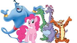 Size: 1920x1080 | Tagged: aladdin, artist:conthauberger, crossover, derpibooru import, dragon tales, genie, laughing, oc, oc:laughter, pinkie pie, safe, simple background, tigger, transparent background, winnie the pooh, zak and wheezie