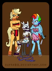Size: 2100x2863 | Tagged: suggestive, artist:supra80, derpibooru import, applejack, rainbow dash, rarity, anthro, earth pony, pegasus, unguligrade anthro, unicorn, abuse, applejerk, arm behind back, bondage, bound and gagged, breasts, chair, clothes, crossed arms, crying, disproportionate retribution, evil grin, female, gag, grin, horn ring, humiliation, lipstick, magic suppression, makeup, mud, muddy, nudity, rainbow douche, raribuse, razor, revenge, ribbon, running makeup, shaved mane, smiling, straight razor, strategically covered, tied up, torn clothes, trio female, unamused