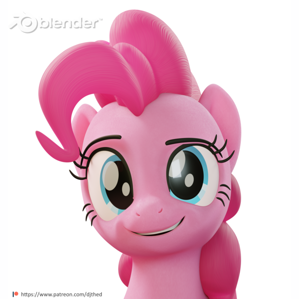 Size: 2816x2816 | Tagged: safe, artist:therealdjthed, derpibooru import, pinkie pie, earth pony, pony, 3d, 3d model, blender, bust, cycles, cycles render, dreamworks face, female, mare, model:djthed, patreon, patreon logo, simple background, smiling, solo, transparent background