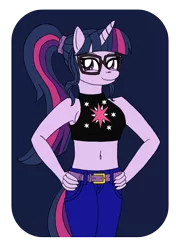 Size: 1829x2600 | Tagged: safe, artist:supra80, derpibooru import, sci-twi, twilight sparkle, anthro, unicorn, equestria girls, alternate costumes, armpits, belly button, belt, clothes, cutie mark on clothes, glasses, hand on hip, jeans, midriff, pants, ponytail, simple background, smiling, solo, tanktop, transparent background